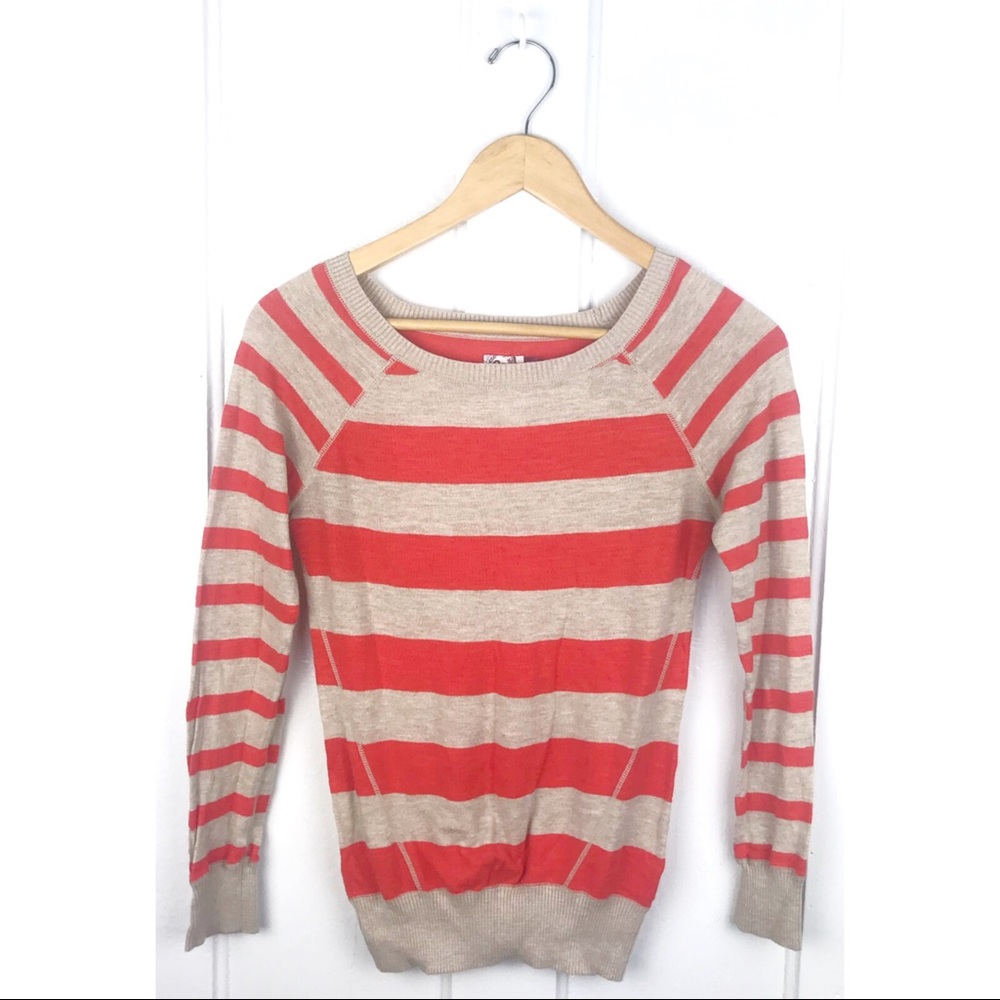 SO : size : M : casual orange + tan cotton striped lightweight Crewneck Top
